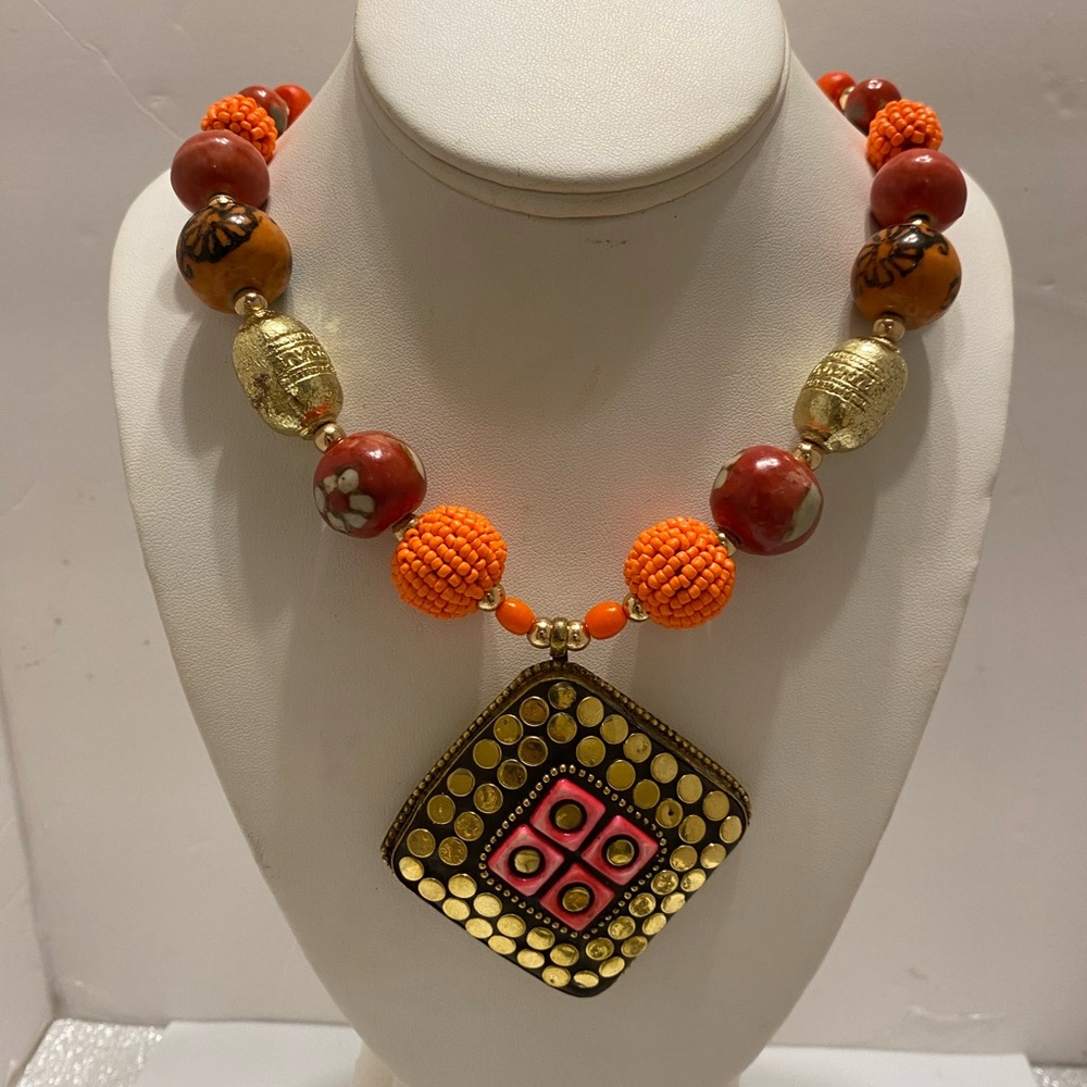 Orange Statement African Necklace - image 3